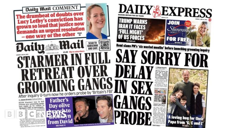 'Retreat over grooming gangs' and 'Say sorry for delay'